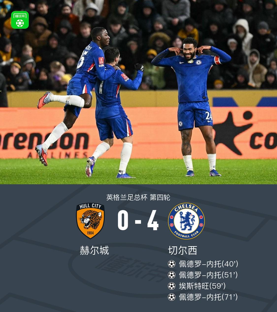 开云注册-切尔西4-0赫尔城,内托进球帽子戏法,德拉普助攻帽子戏法